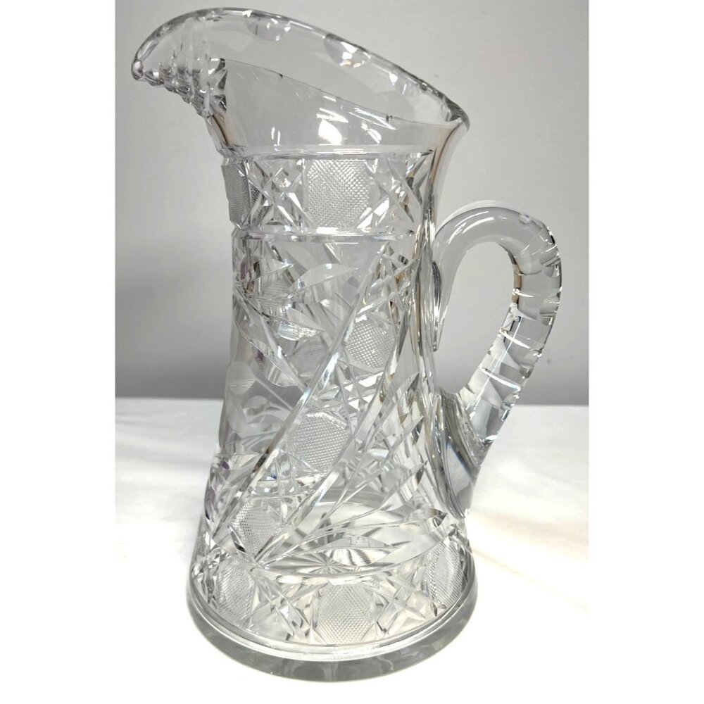 Antique Cut Crystal Glass Pitcher With Intricate Pattern & Handle Beautiful Heav